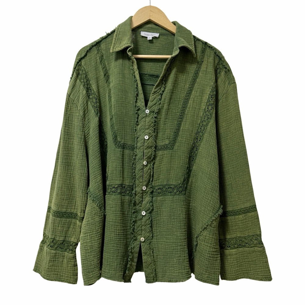 Sewn & Seen Womens Gauze Lace Trim Button Up Top Size M Green Boho Cottagecore